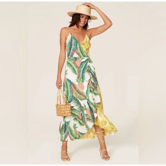 NWOT FARM Rio Azalea Forest Sleeveless Tropical Green Yellow Wrap Midi Dress XS - Picture 1 of 10